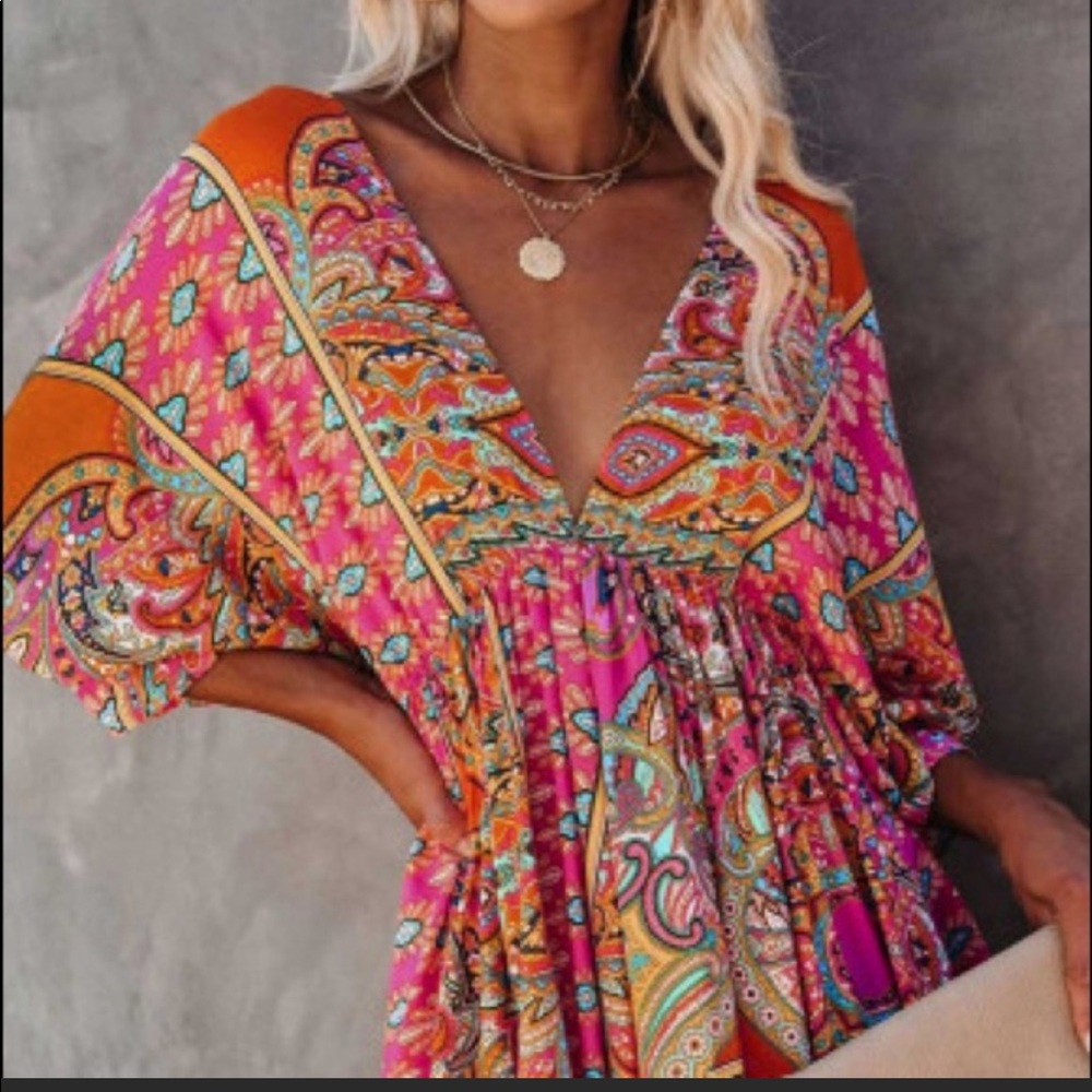 Bright Boho Babydoll Mini Dress - Picture 1 of 9